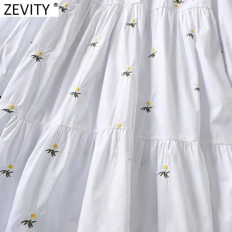 Zevity女性のファッション花刺繍カジュアルスリムプリーツシャツドレス女性シックな白いパーティーvestidoビジネスクロスDS4969 210603