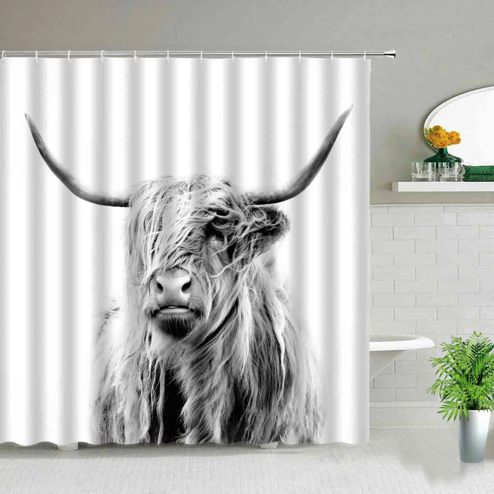 Fleur Highland Cow Thème Rideaux de douche Ferme Animal 3D Imprimer Tissu imperméable Rideau de salle de bain Set Baignoire Art Décor avec crochet 211116