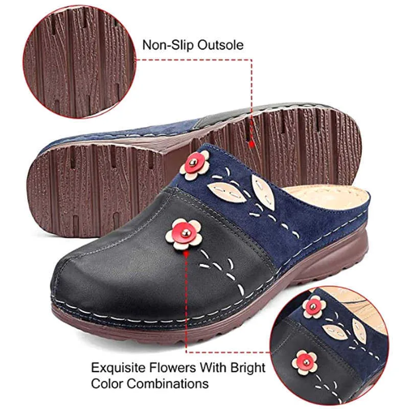 Haute qualité femmes sabots sandales dames confort bout fermé compensées plate-forme chaussures fleur pantoufle 210928