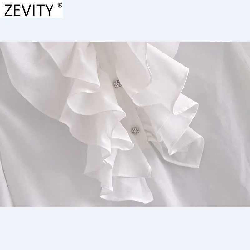 Zevity Femmes Mode Pli Volants Décoration Blanc Smock Blouse Femme Diamant Boutons Chemises À Poitrine Chic Blusas Tops LS9296 210603