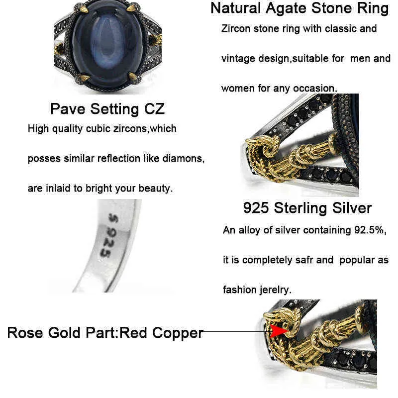 Solid 925 Sterling Zilveren Mannen Ring S Natuurlijke Agaat Stone Parallel Zebra Lijn Zwart CZ Punk Style voor Turkije 211217