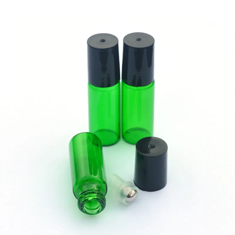 Mini rouleau d'échantillon de parfum, bouteille en verre rechargeable, rouleau d'huile essentielle verte sur 5ml avec capuchon en plastique noir, 20 pièces