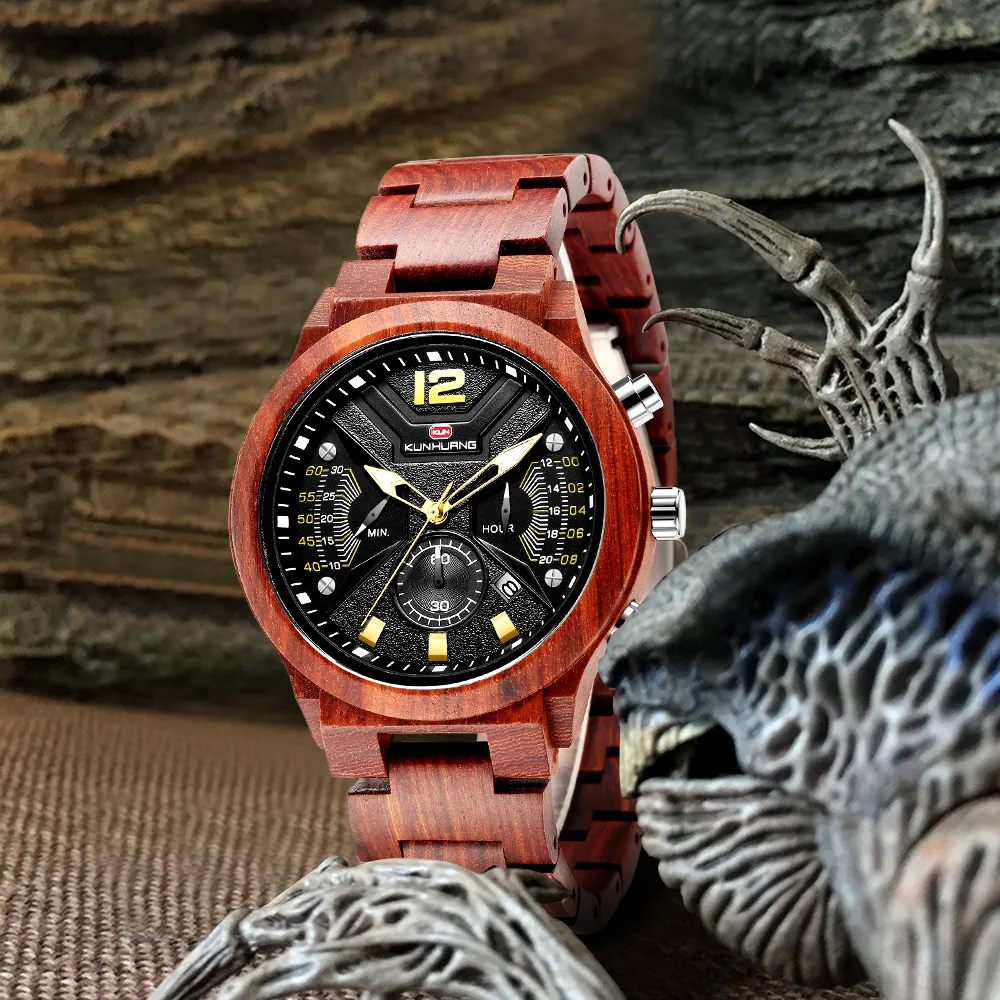 Fashion Wood Men Watch Relogio Masculino Top Brand Luxury Luxury Chronograph Military Watchs Mavepieces in Wooden Grow Watch Fo211d