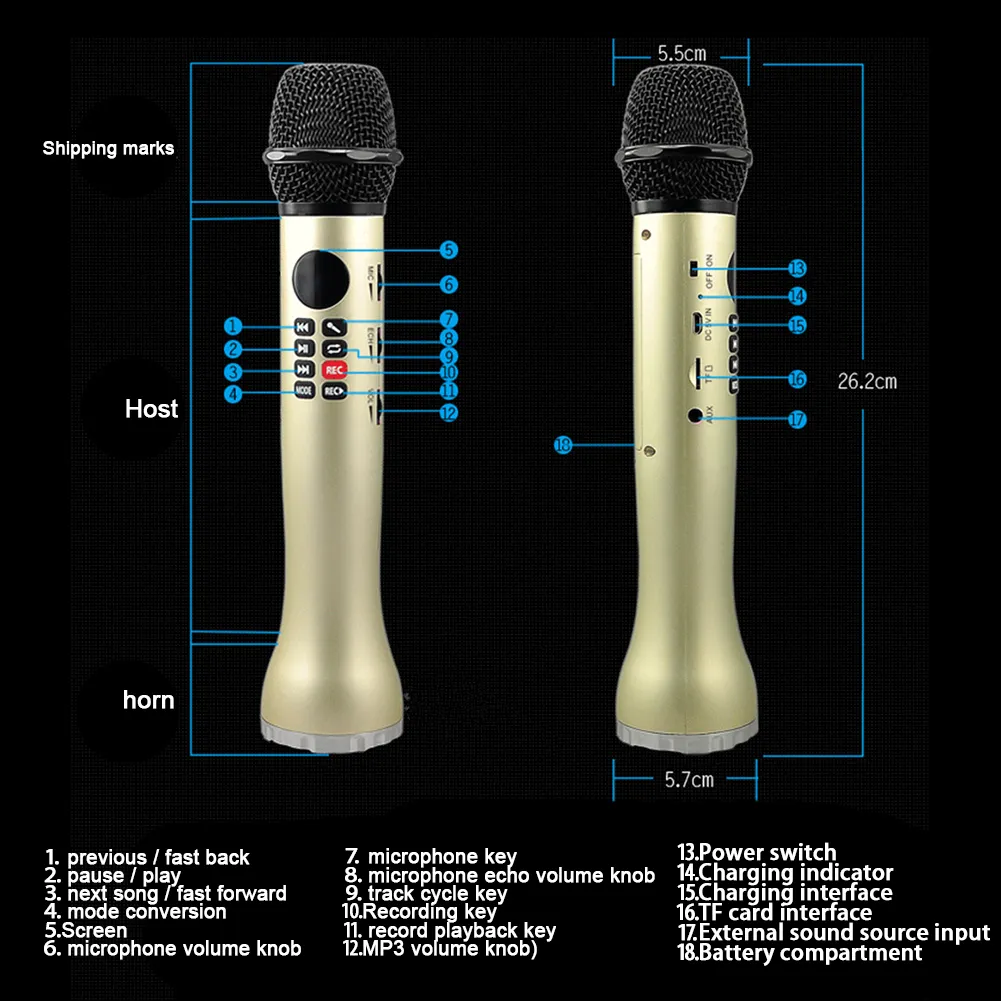 L-598 Trådlös mikrofonhandhållen karaoke Bluetooth-högtalare LED Display Skärm TF-kortsångsspelare