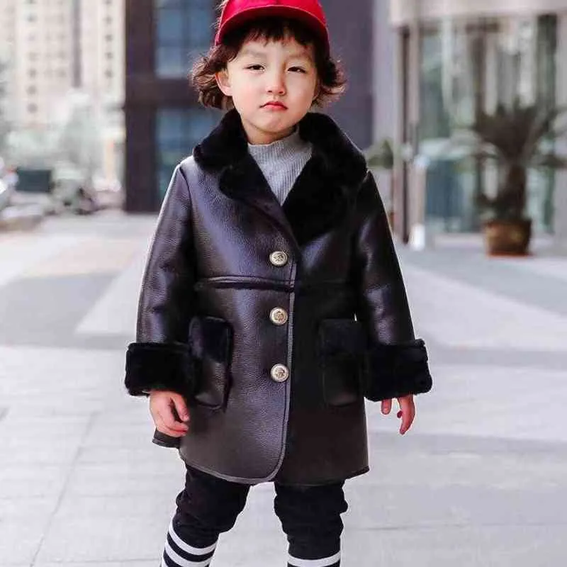 Hiver Enfants Faux Cuir Daim Manteau Noir PU vestes Filles Garçons Épais Chaud Outwear Enfants Vêtements Y 211204