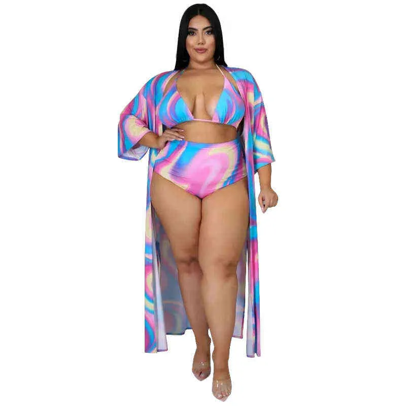 Mulheres de Praia Holiada Plus Size Bikini Suits Verão Gradient Cor Impressão Halter Bra + Underwear + Cardigan Comprimento Do Ankle Sets 211116