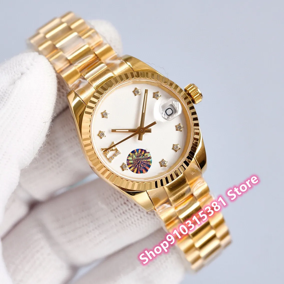 Klassieke vrouwen automatische mechanische ster horloges vrouwelijke waterdichte roestvrijstalen datum klok geel goud Rome nummer horloge 28mm