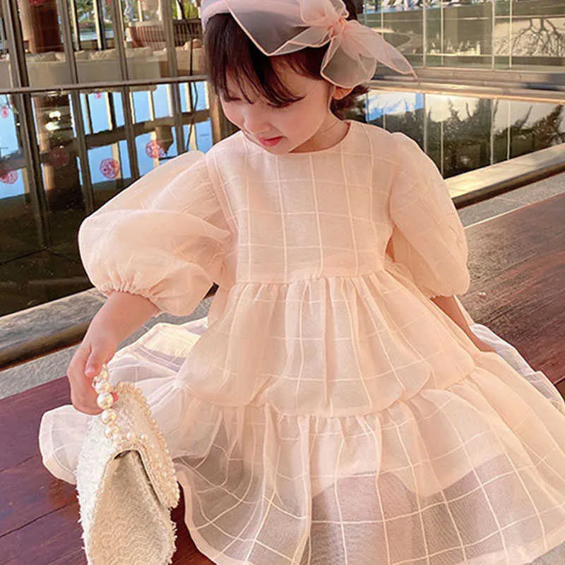 Summer Girls Dress Sweet Style Plaid Light Color Puff Sleeve Princess Baby Kids Clothes Children'S Clothing 210625
