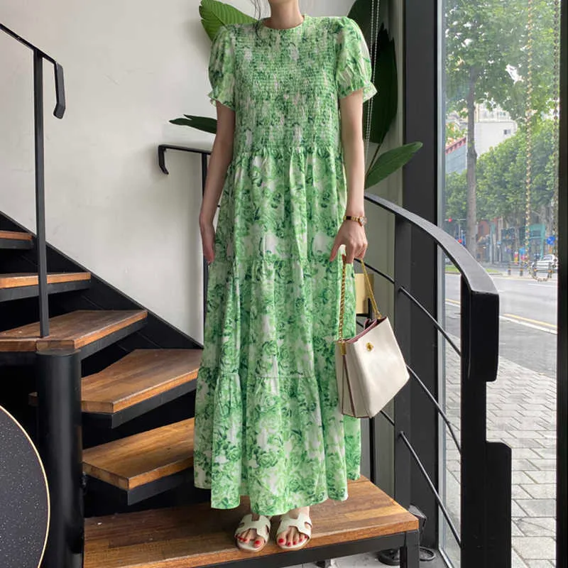 Korejpaa Abito da donna estivo coreano chic da donna colore verde fresco girocollo design a pieghe maniche a sbuffo allentate abiti 210526