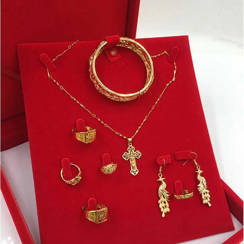 Veludo vermelho noiva jóias colar de jóias caixa de presente do pingente de estilo chinês brincos de trinket display titular organizador caixa 211014