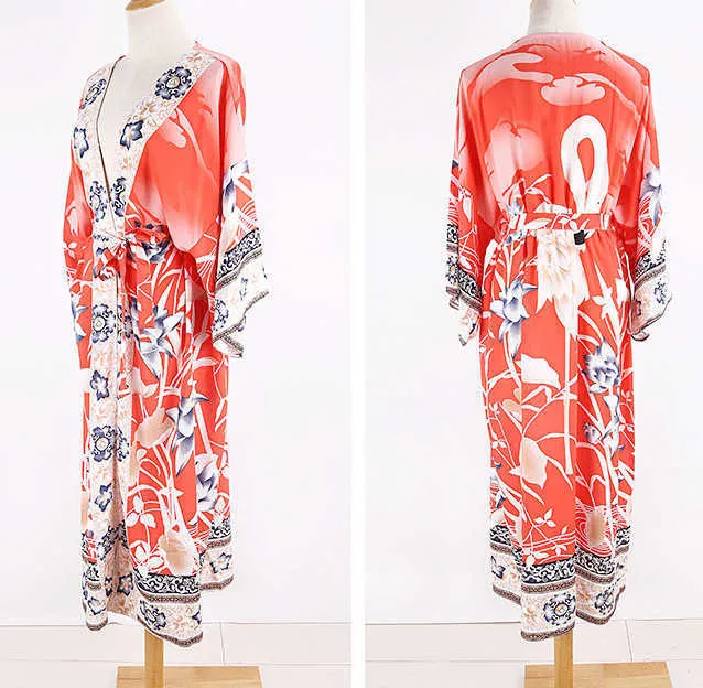 Beach Dress Cover Ups for Women Swimsuit Cover-ups Kimono Blouse Bathing Suit Cardigan 2021 Floral Crane Print Beachwear Coverup X259O