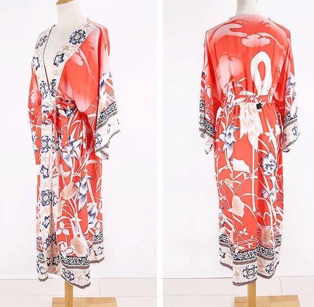 Strandklänning täcker för kvinnor baddräkt cover-ups kimono blus baddräkt cardigan 2021 blommor kran tryck strandkläder coverup x259o