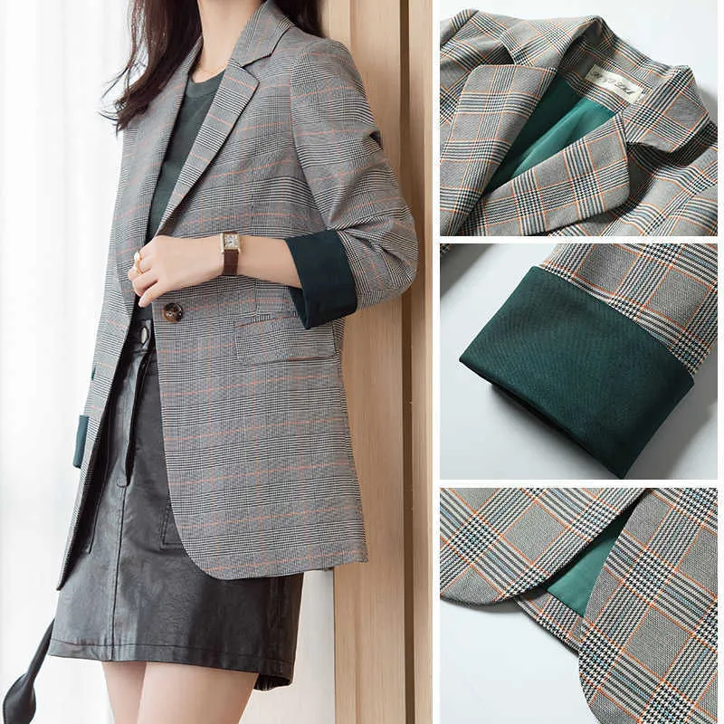 Plaid kleine pak jas vrouwen Mid-length hoogwaardige Koreaanse stijl slanke mode casual blazer kantoor jas temperament 210527