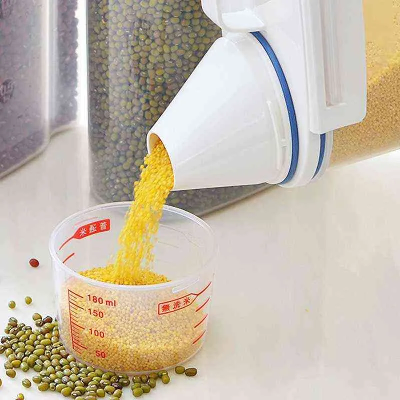 PP-Kunststoff versiegeltes Glas Müslispender Aufbewahrungsbox Küche Transparente Lebensmittelkorn-Reisbehälter mit Messbecher 211110