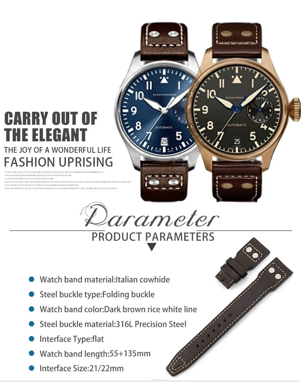 21mm 22mm bracelet en cuir de haute qualité brun foncé uni avec bande à boucle pliante à ongles spécial pour accessoires de montre IWC