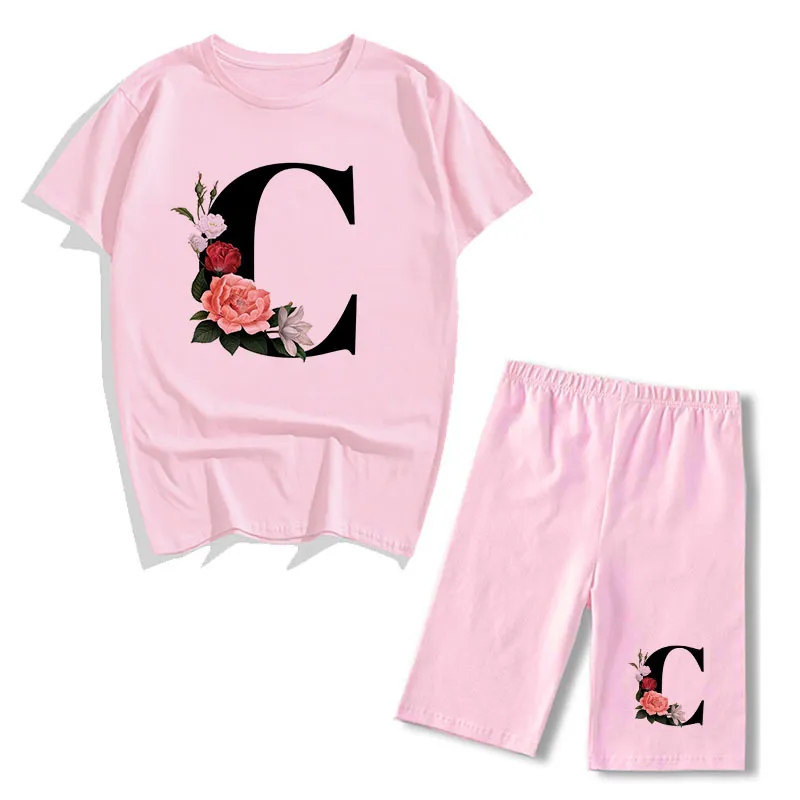 女性2ピースセットレターTシャツとショートパンツ夏の短袖Oネックカジュアル2ピースジョガーズバイカーショーツ衣装女性210302