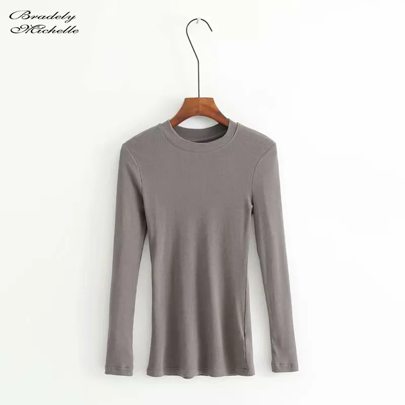 Bradely Michelle Summer Pure Cotton Kintted Tops for Women Casual Slim Elastic Oneck Longesleeve Tshirt T200614