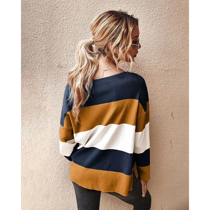 Moda Vintage rayas mujer suéter Casual cuello redondo manga larga High Street otoño jerseys W624 210526