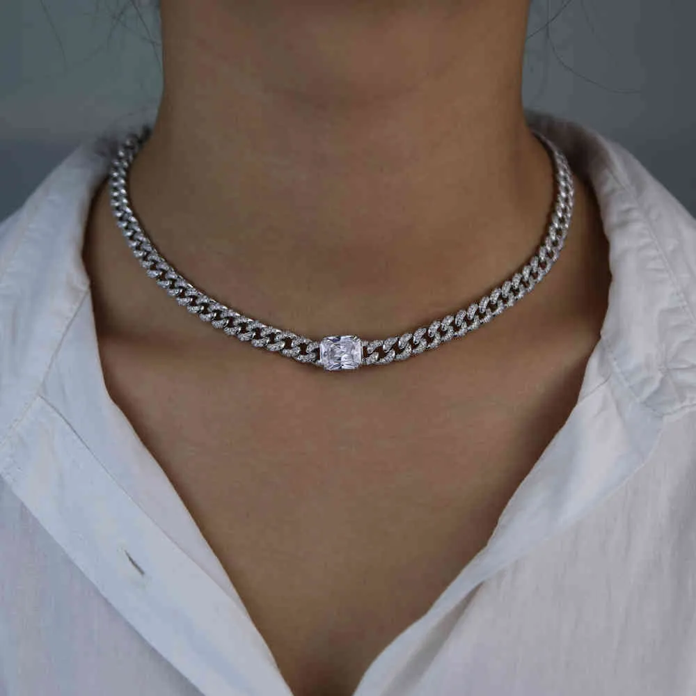 Rechangle Charm NeckalceキュービックジルコンCZマイアミキューバリンクチェーン女性チョーカーゴールドシルバーカラーアイスアウトロックファッションジュエリー