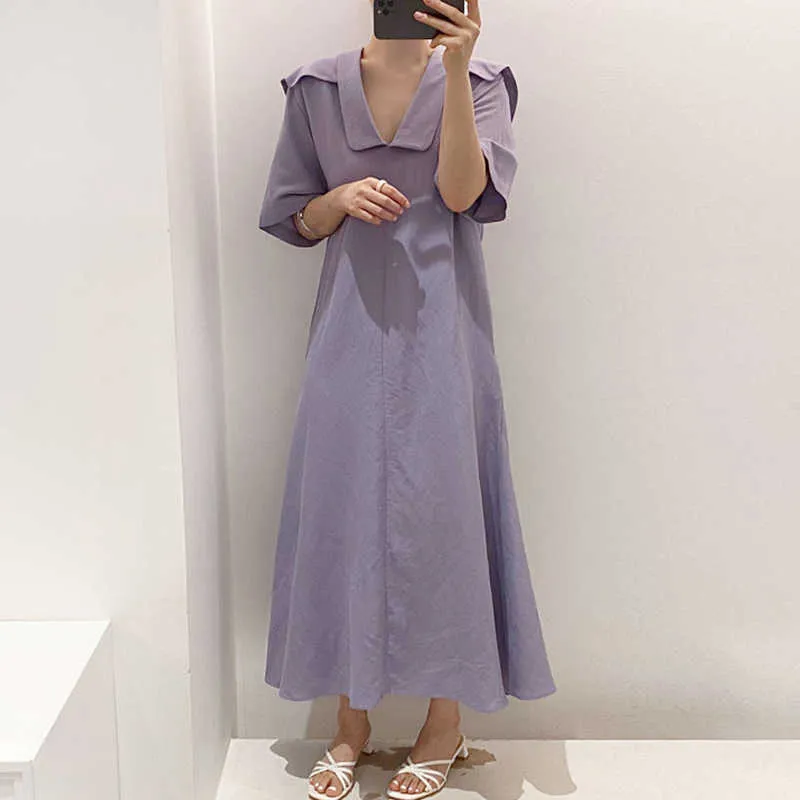 Korejpaa Women Dress Summer Korean Chic Ladies Minimalist Vintage Navy Collar Design Loose Casual Solid Color Vestidos 210526