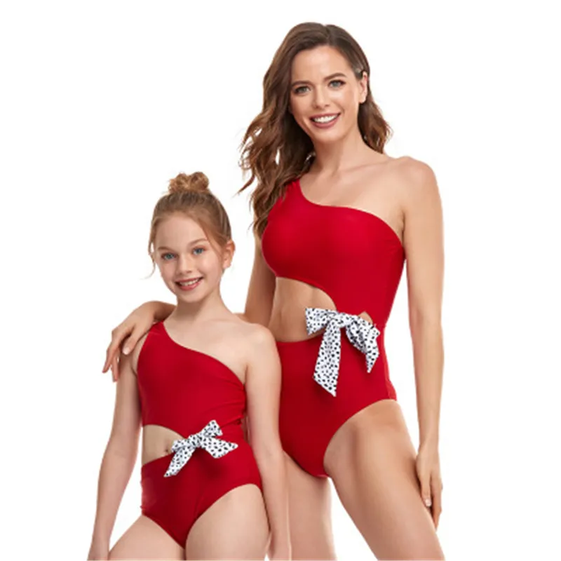 Womens Parent-child Swimwear Fashion Trend Oblique Shoulder Gather Chest One-piece Swimsuit Female Summer Show Waist Sexy Back Beach Bikini