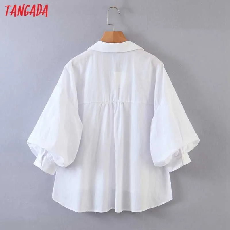 Tangada Damen übergroße weiße Hemden Laternenärmel solide V-Ausschnitt elegante Bürodamen Arbeitskleidung Blusen QW64 210609