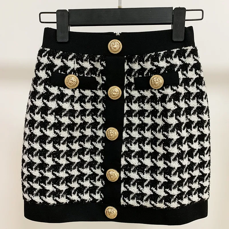 Высококачественная дизайнерская юбка для женской львиной кнопки Shimmer Tweed Houndstooth Mini юбка 210315