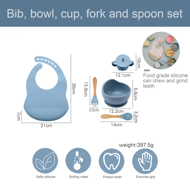 5 stks / set Siliconen Bowl Bibs Cup Servies Baby BPA Gratis Waterdichte Lepel Nonslip Voedingen Siliconen Bowl Servies Baby Producten