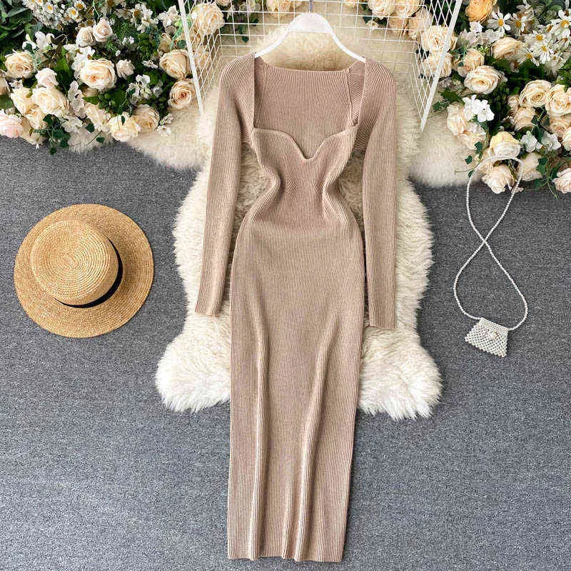 Vintage elegante Sexy cuello bajo clavícula con fugas vestido ajustado cintura cadera elástico tejido vestido femenino Otoño Invierno base vestido Y1204