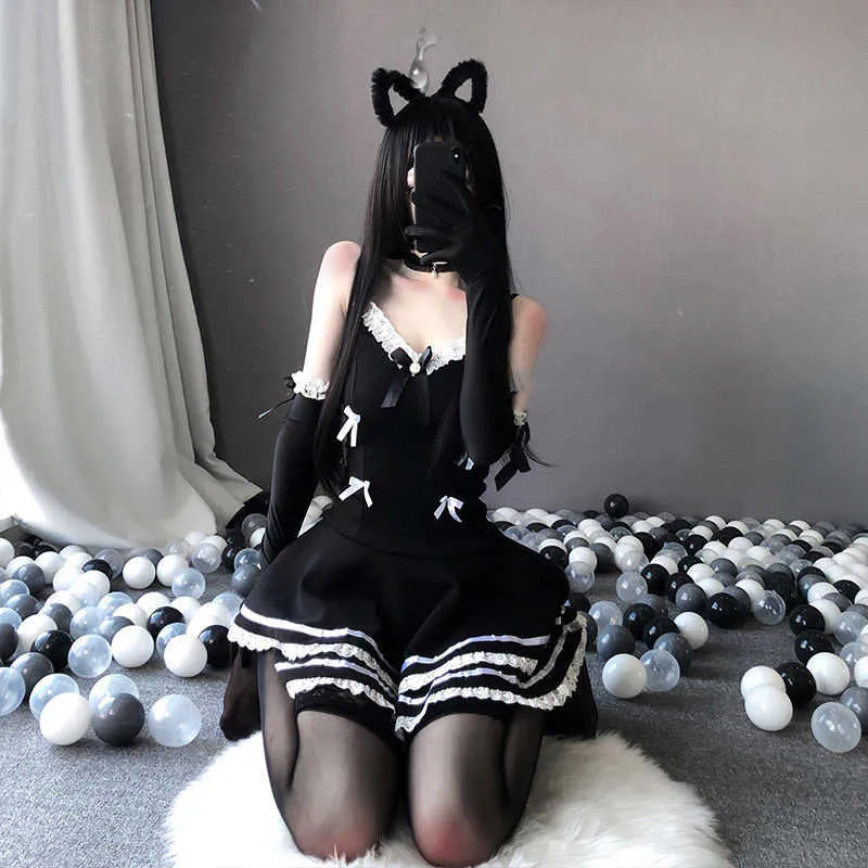 Kleid und Tanga Anime Schulmädchen Gothic Outfit mit Hut Handschuh Frau Sexy Dessous Maid Cosplay Kostüme Niedlich Schwarz Y0913