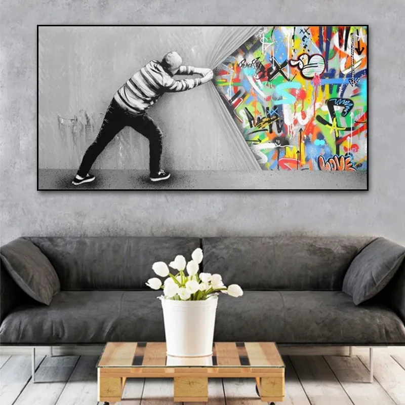 Behind The Curtain Canvas Paintings Graffiti Street Art Banksy Graffiti Art Cuadros Wall Art Pictures for Living Room Home Decor C1771882