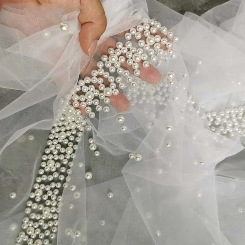 Romantic Trailing Cathedral Wedding Veil One-Layer Pearl Beading Headpiece X0726