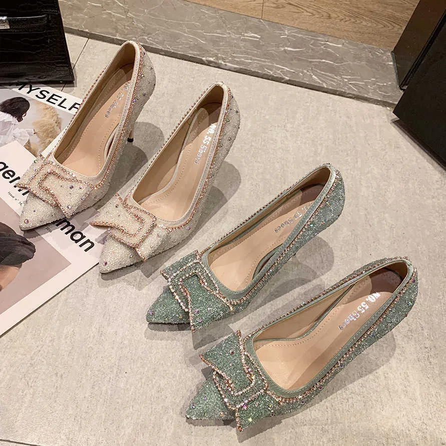 CRYSTAL Shoes Diamond Edge High-heeled Ladies Silver Thin Heels 9.5cm Fashion Woman Shoe Pointed Toe Luxury Pumps Women 210610