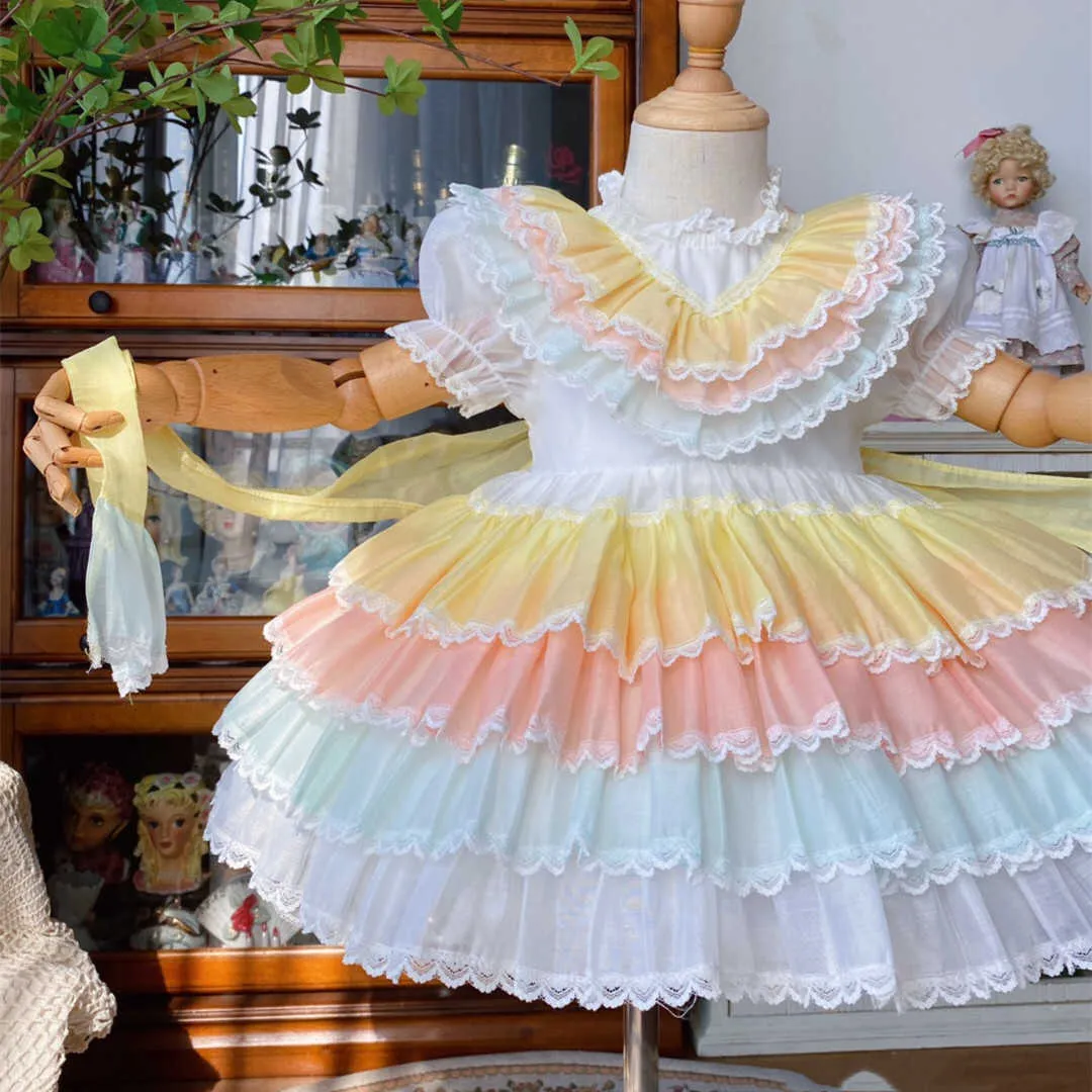 Baby Mädchen Sommer Regenbogen Vintage Spanisch Türkisch Palast Ballkleid Lolita Prinzessin Kleid für Geburtstag Party Urlaub Casual Q0716