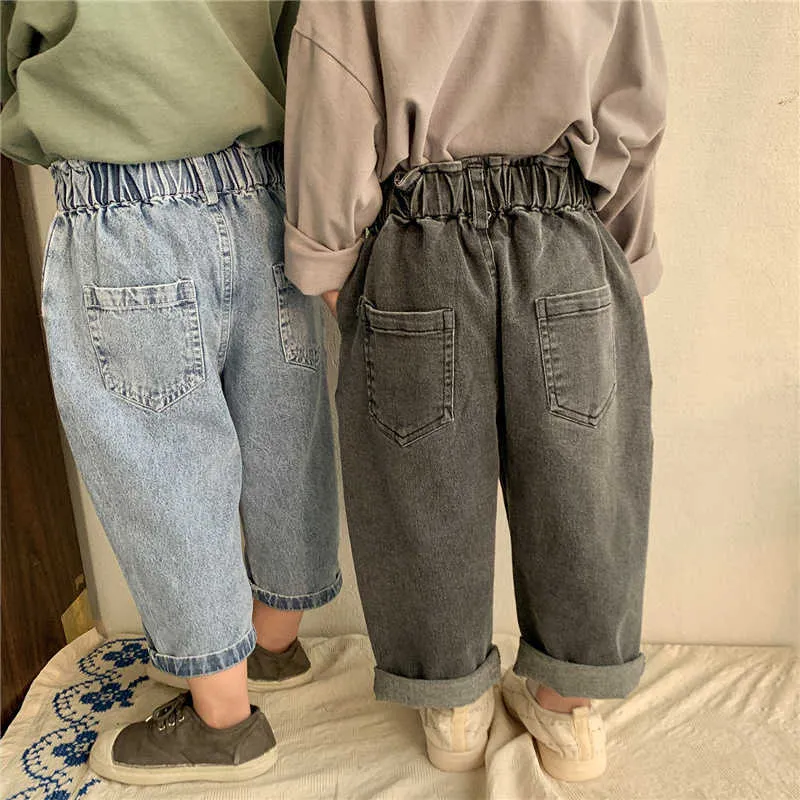 Koreaanse stijl lente meisjes jongens losse casual jeans 2-6 jaar kinderen kinderen elastische alles-matchen denim broek 210615