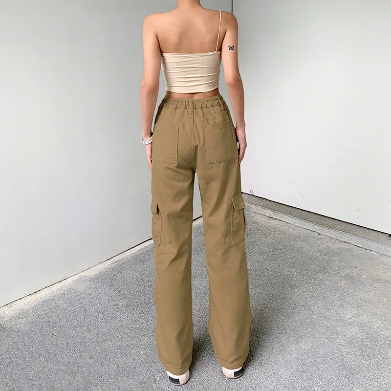 Vintage Khaki Wide Leg Cargo Pants Women High Waist Big Pockets Baggy Denim Trousers Y2K 90s Straight Oversize Pants SweatpantsCX220310