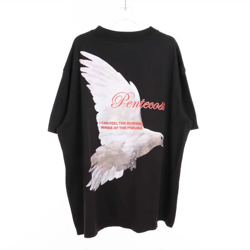 Rrr123 mektup barış güvercini baskı kısa kollu yüksek sokak yıkama kullanılmış T-shirt gevşek çift