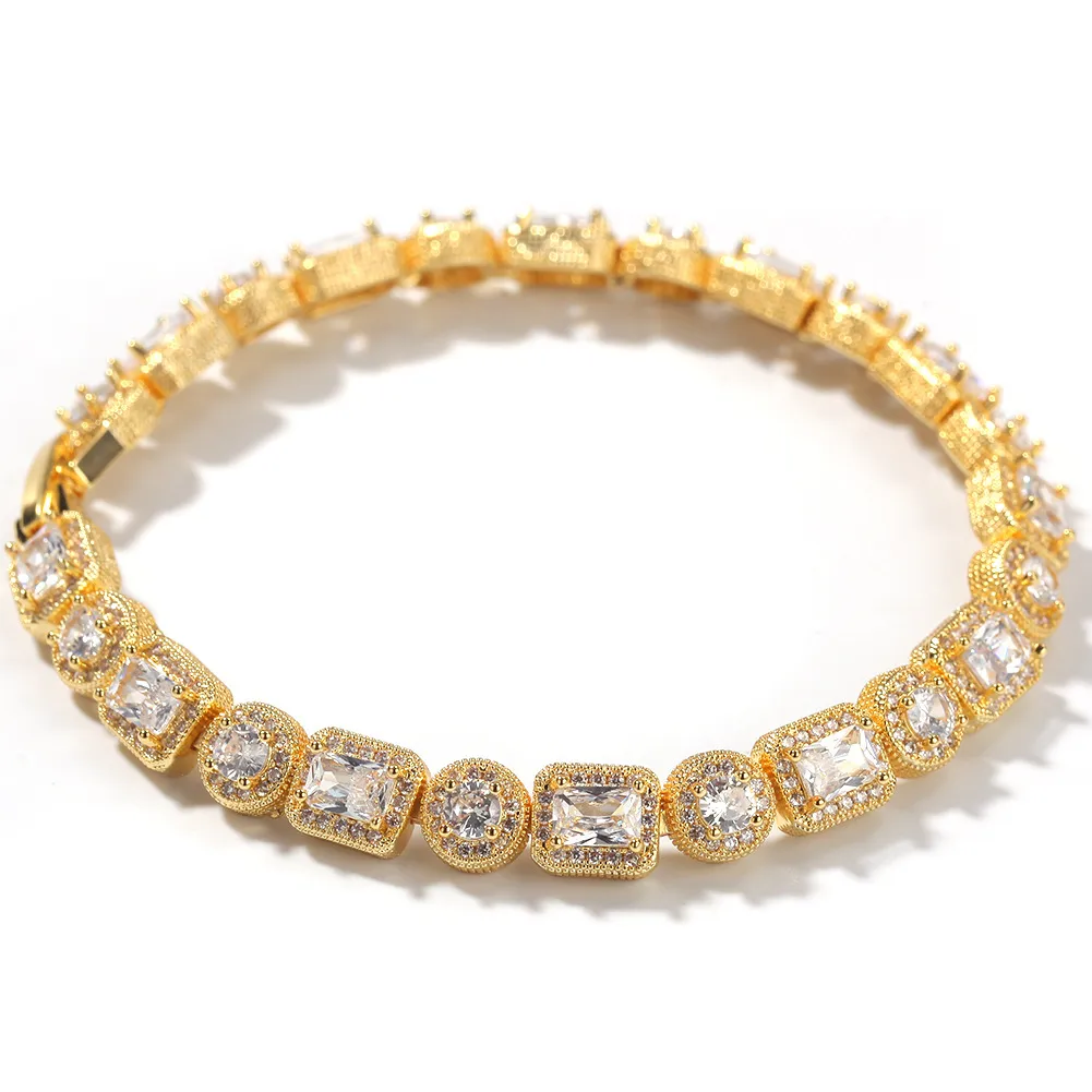 Hombre 18kt oro llenado de oro Baguette Diamantes pulsera 8mm Bling Bling pulseras con cierre cerrado Pulseras de circón cúbico Hip Hop Jewelry