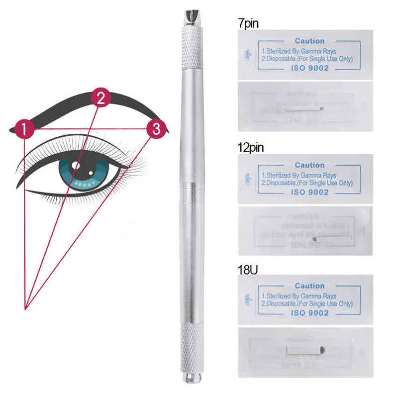 Ögonbryn mikroblading kit tatuering manuell penna tre huvud 30 st nålar permanenta makeup blad levererar maskinutrustning 211224262E9481363