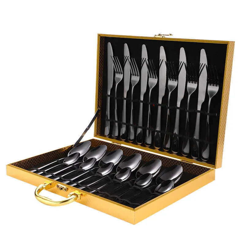 Tablewellware Tableware Black Cutlery Set Stainless Steel Box Forks Knives Spoons Dinner Kitchen Spoon 210804