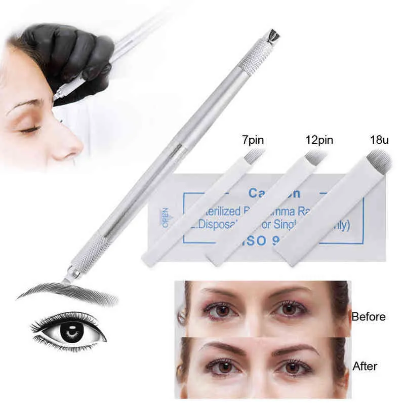 Ögonbryn mikroblading kit tatuering manuell penna tre huvud 30 st nålar permanenta makeup blad levererar maskinutrustning 211224262E9481363
