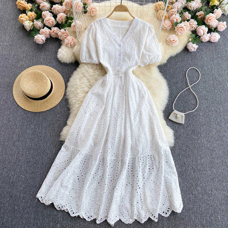 Sexy Hollow Out White Embroidered Long Dress Women Elegant V-Neck Single Breasted Short Puff Sleeve High Waist Robe Summer 2021 Y0603