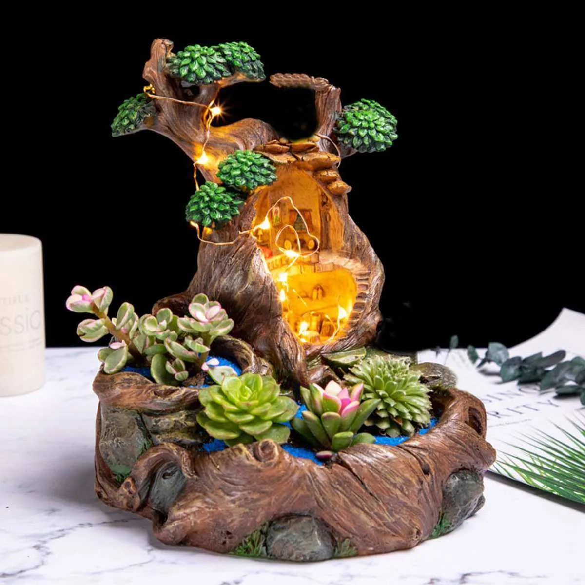 Resina fatta a mano Sky Garden Pianta da casa in legno Vaso succulento Fioriera fai da te Decorazioni artigianali in resina con striscia luminosa 210615