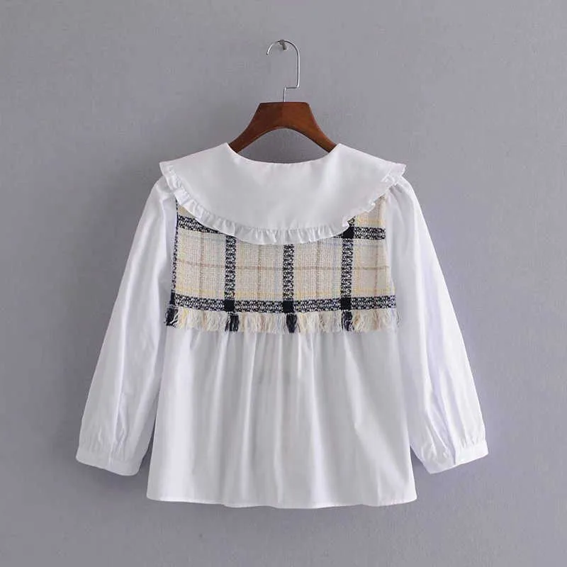 Za Spliced Textured Shirt Women Long Sleeve Frayed Hem Vintage Top Woman Fashion White Summer Blouse Blusas 210602