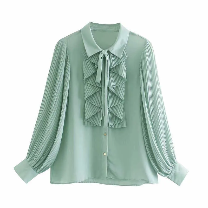 Za volants en mousseline de soie Blouse femmes revers col à manches longues chemises plissées femme Chic avant bouton en métal lâche haut vert 210602