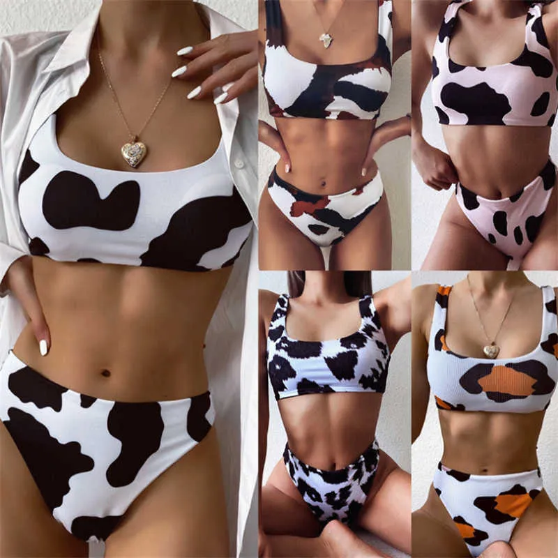 GNIM High Waist Cow Print Swimsuit Women Bikini Mujer Summer Brazilian Bathing Suit Two Pieces Beachwear Swimwear 210629