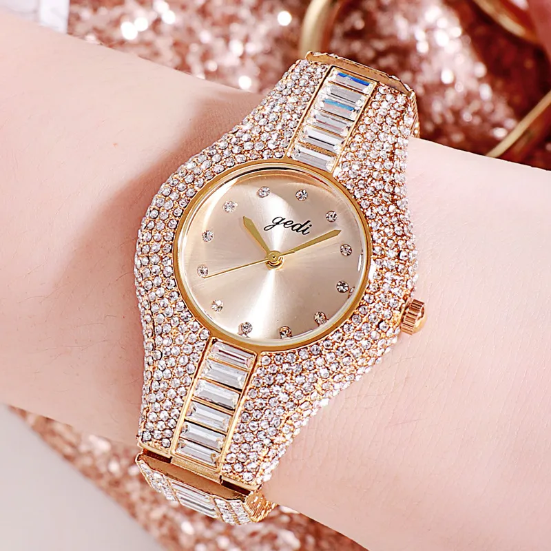 Gediブランドの女性が時計を見るトップラグジュアリーフルラインストーンクリスタル腕時計ギフトレディースクロックレリーゴーフェミニノモノトレフェムメ210310