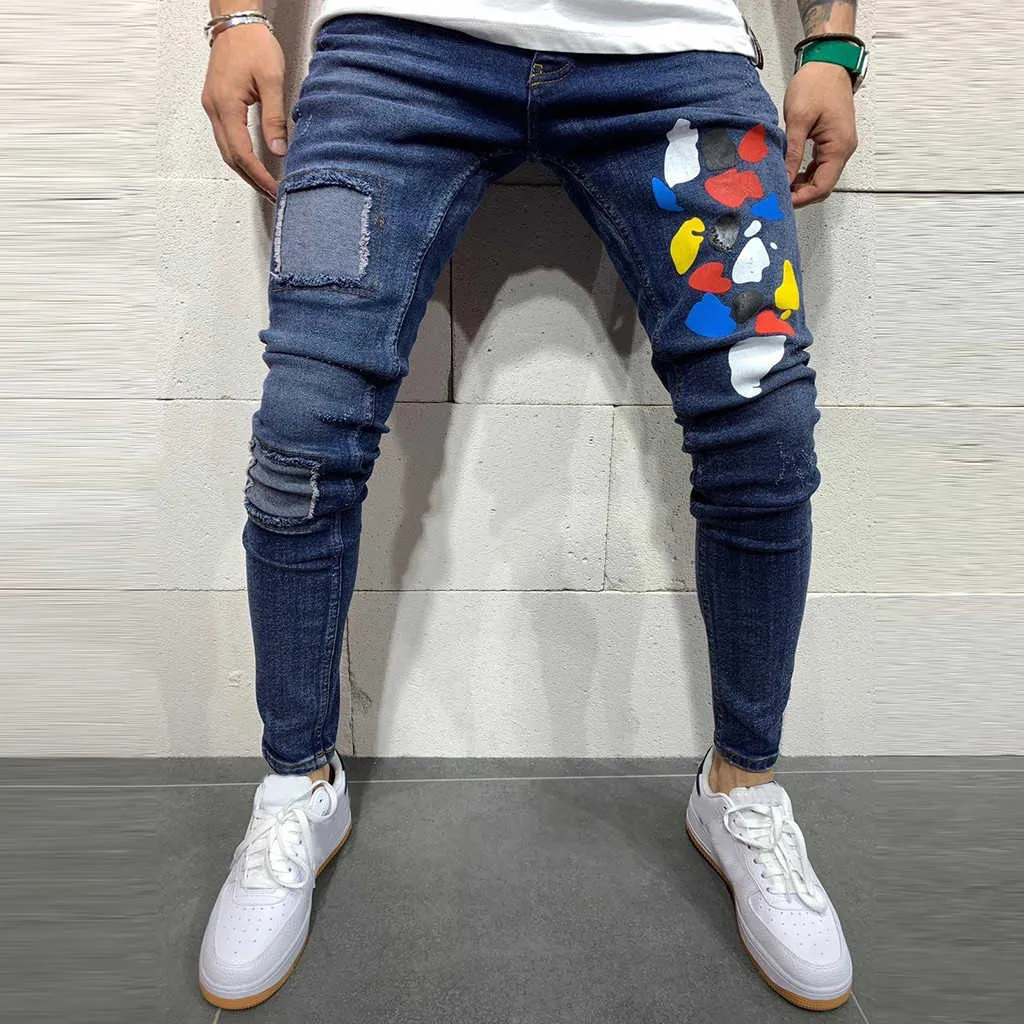 Män Rippade Jeans Slim Fit Denim Pant Biker Hip Hop Jeans Hole Taped Colorful Dot Print Skinny Distressed Denim Street Trouser x0621