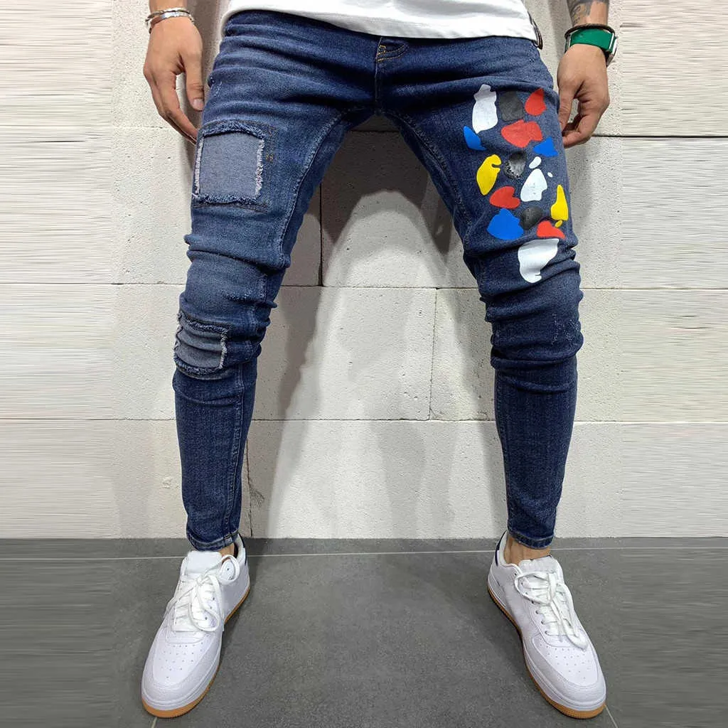 Mannen gescheurde jeans slim fit denim broek biker hiphop jeans hole taped kleurrijke dot print skinny noodlijdende denim straat broek x0621