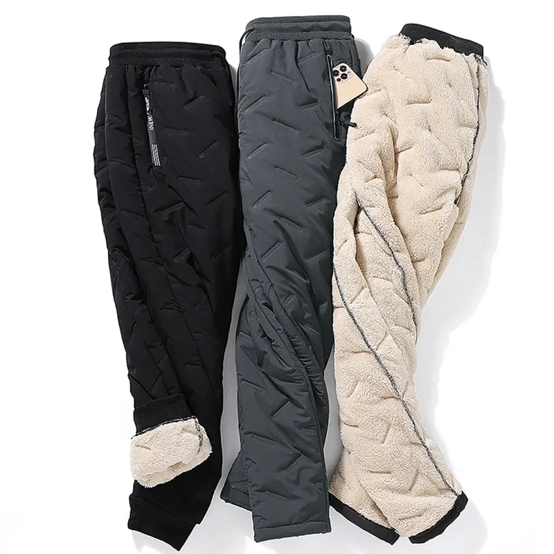 Kış Zip Cepleri Kalın Polar Sweetpants Erkekler Joggers Siyah Gri Down Pamuklu Sıcak Pantolon Erkek Su geçirmez Termal Pantolon 7xl 220212